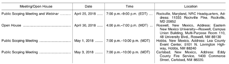 NRC Meeting Schedule April/May 2018